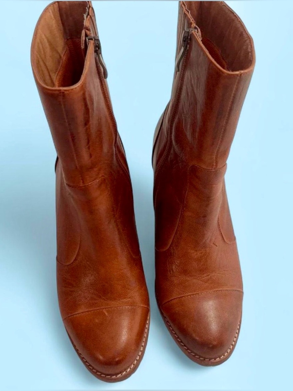 Cognac Leather Buckle Detail Mid-Calf Heeled Boots